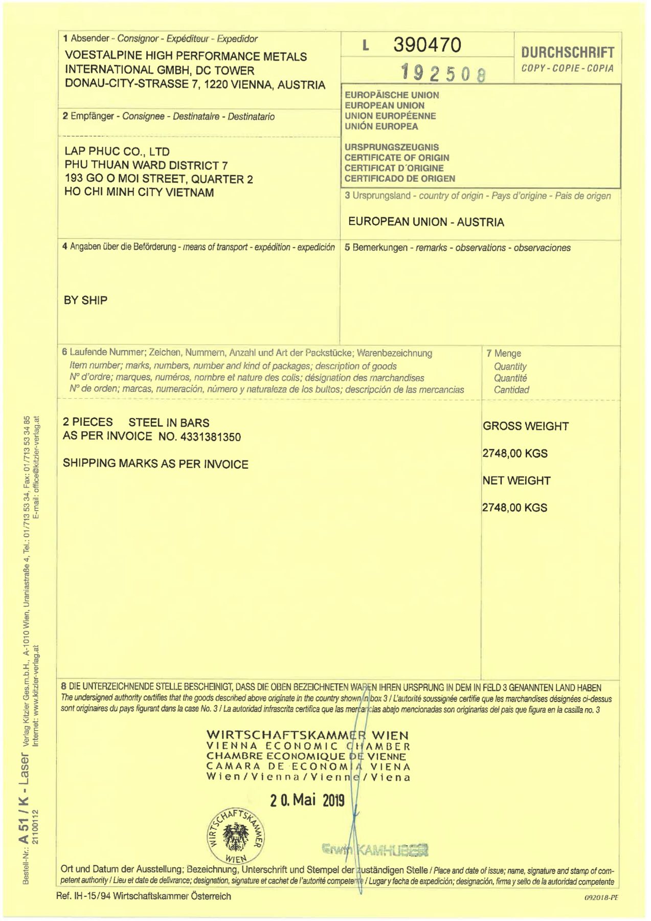 Böhler (Austria) certificate of origin — consignee Lap Phuc Co., Ltd