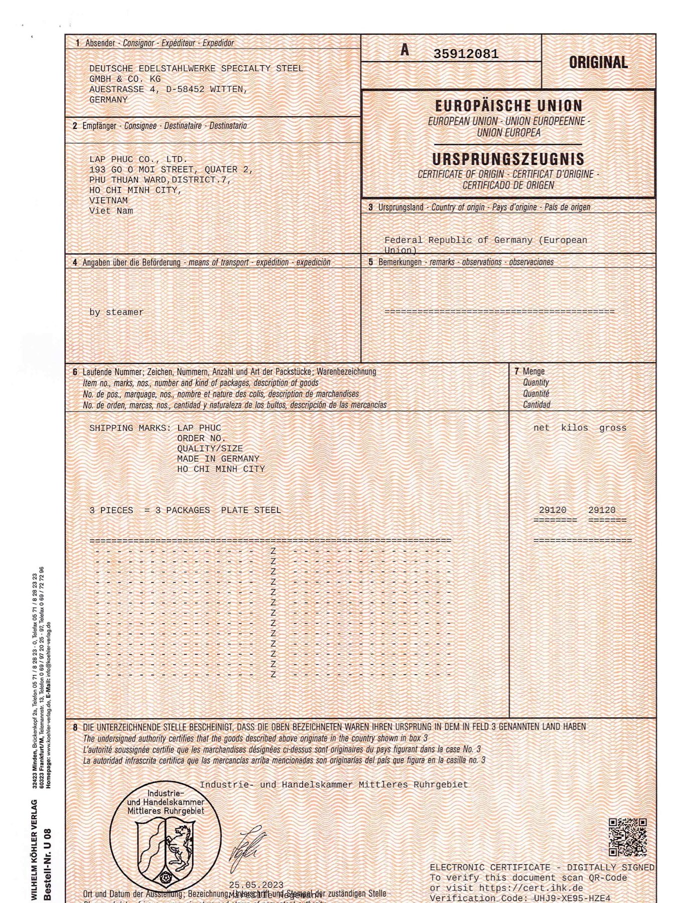DEW (Germany) certificate of origin